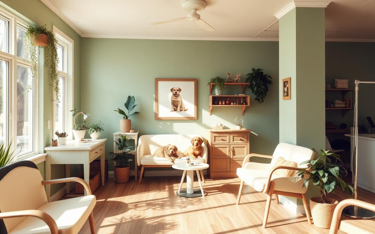 Cozy sage-green grooming salon